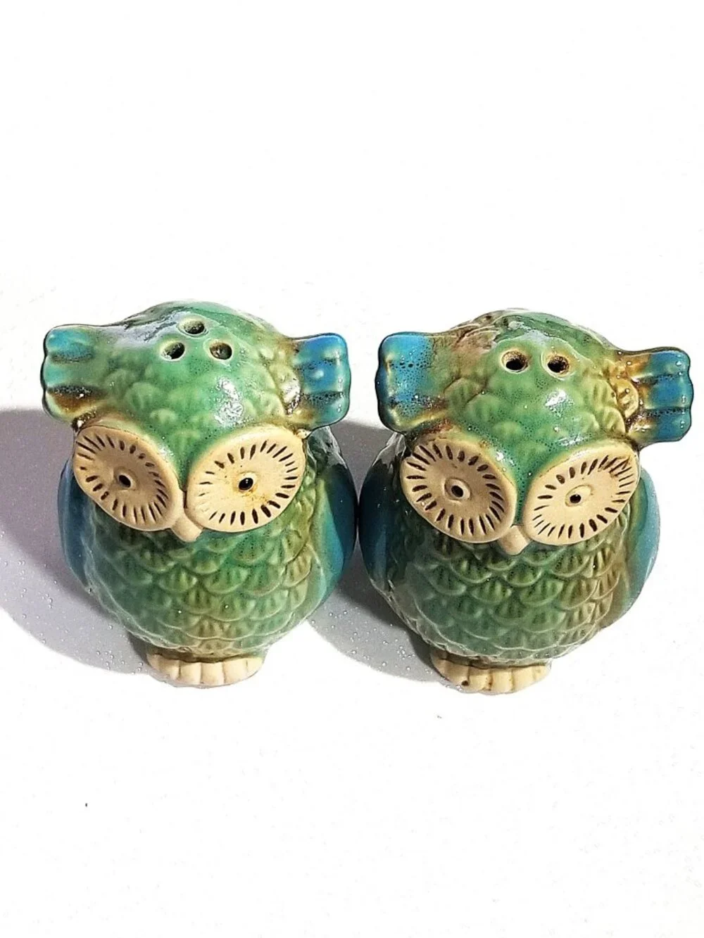 Vintage Ceramic Owl Salt & Pepper Shakers Green Blue Glazed Stoneware Pair